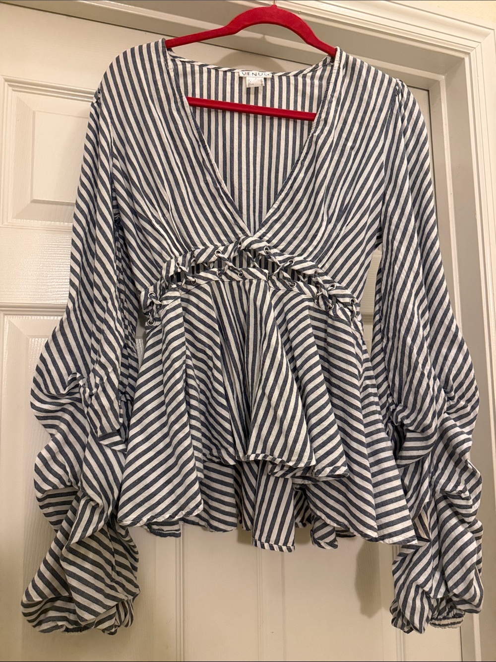 VENUS Navy & White Striped V-Neck Ruffle Peplum Top